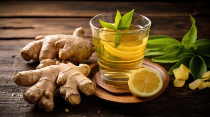 Ginger tea on a wooden table with ginger-cut