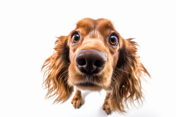 a dog with long hair looking up at the camera