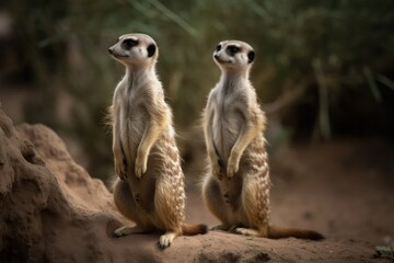 Two meerkats standing tall on their hind legs