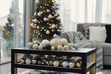 Interior of a room with Christmas toys and a Christmas tree