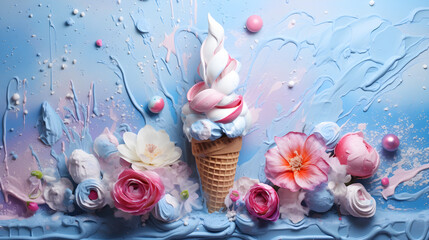 Strawberry Ice Cream Concept in Blue Color - Generative by A.I