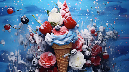 Strawberry Ice Cream Concept in Blue Color - Generative by A.I