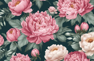 Floral wallpaper with pink peonies. Generative AI.