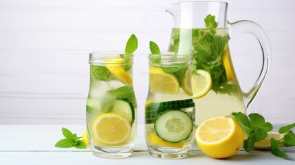 Fototapeta premium Lemon cucumber and mint detox water on a white background