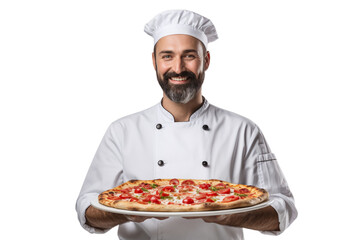 Smiling Chef with a Delicious Pizza in Hand Against a White Background – Isolated PNG Image