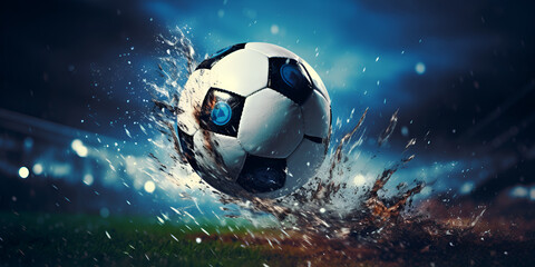football with water splash, Soccer ball on dark stadium background on grasses, Water drops around soccer ball on blue background Generative AI

