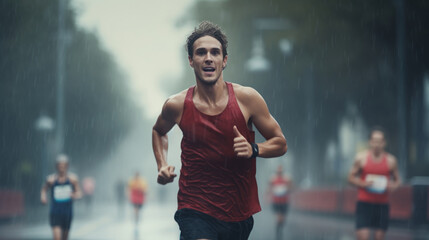 Male athlete runners running marathon on the road in the urban during rain fall and sunset.