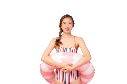 Summer portrait happy young asian woman Happy young woman wear swimsuit hold pink swim ring or inflatable tube ring Excited lady smile and loook at camera isolated on pink color background studio sh
