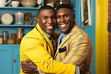 Gay couple businessman embracing each other.