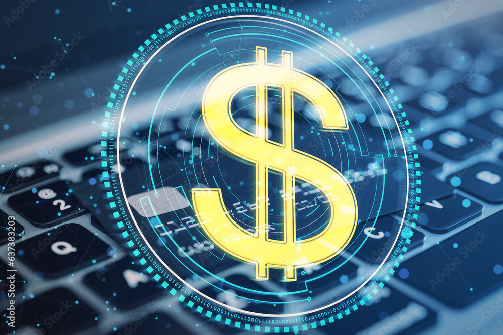 Poster close up of laptop keyboard and bank card with creative round dollar coin and polygonal mesh hologra
