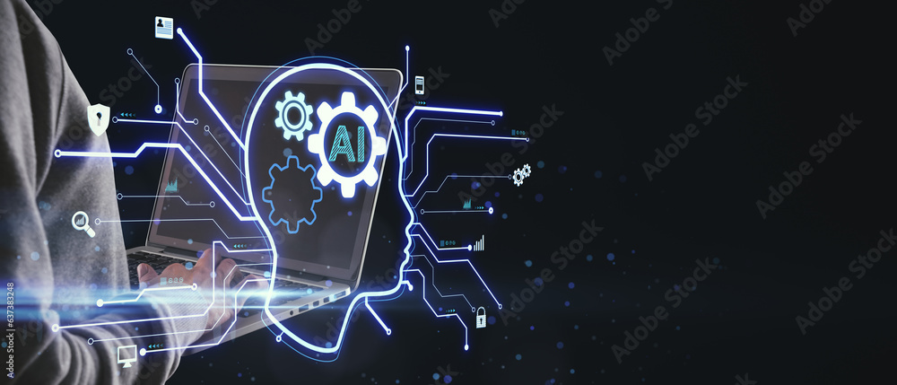 Poster Close up of hands using laptop keyboard with glowing head outline, ai circuit and other icons on wide black background with mock up place. Artificial intelligence and chat gpt concept.