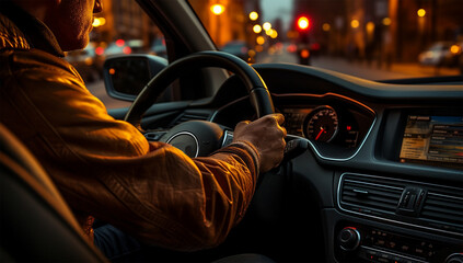 Close-up of a man driving a car in the city.