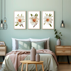 bedroom with pale greens and flower paintings 
