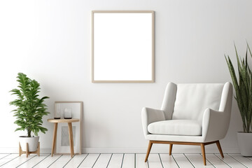 Blank wooden picture frame mockup in modern interior. Vertical template mock up for artwork, painting, photo or poster in interior design, generative AI	