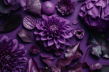 Purple flowers and leaves on a vibrant purple background