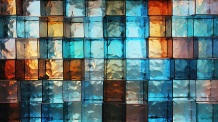 Blue, orange, violet, brown color transparent pieces of glass rectangular shape, glass texture laid out in a mosaic. Glass wall