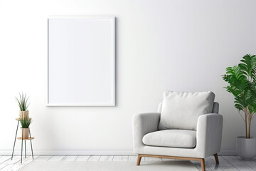 Blank wooden picture frame mockup in modern interior. Vertical template mock up for artwork, painting, photo or poster in interior design, generative AI	