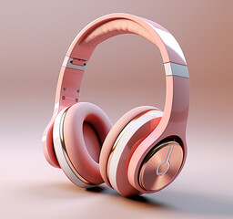 Pink headphones on a blue background. Concept of music.
