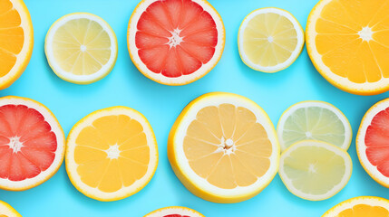 Seamless pattern of citrus grapefruit, lemons and oranges on blue background