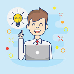Good idea vector illustration. Man with laptop on isolated background. Bulb sign concept.
