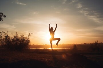 A person practicing yoga in a serene outdoor setting, with the sun as a backdrop