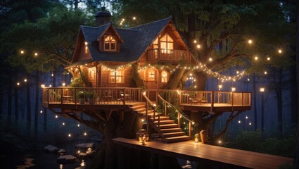 "Enchanted Treehouse Retreat: A Serene Night Amidst Idyllic Woods"