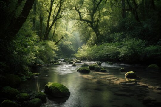 A serene stream flowing through a vibrant green forest