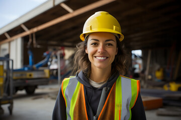 portrait of smiling female engineer on site wearing hard hat, high vis vest, and ppe - obrazy, fototapety, plakaty