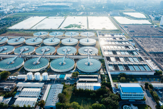Aerial top view of Drinking Water Treatment plants. Microbiology of drinking water production and distribution for big city from water management, water recycling.