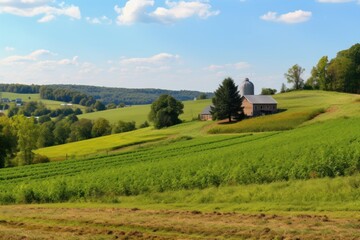 A picturesque farm with a barn nestled atop a scenic hill