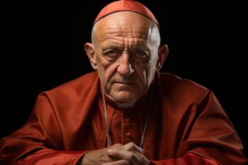 Close-up portrait of serious senior adult Catholic Pope in red cassock