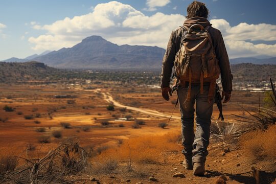 Lonely traveller with a backpack walk rural american road on a sunny day, rear view
