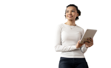 The administrator of the employee at work uses a tablet and the Internet. Smart young woman with curly hair in an office shirt.    Transparent background, png.