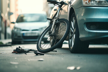 Groceries and broken bike on pedestrian crossing after collision with a car. Car accident on the street, hit by a cyclist after a collision. Violation of traffic rules.