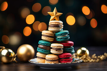 Obraz premium Sweet macaroons arranged in a Christmas tree with a star on the top