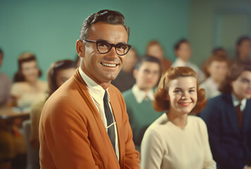 vintage portrait of smiling male teacher in classroom of students in technicolor photo style