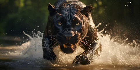 Fototapeten A black jaguar runs through the water, Majestic Panther runs on water in jungle. Dangerous animal, Black panther in a dark forest lake with AI generated   © Mustafa