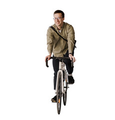 The courier is a man walking on a bicycle, a happy man training for cardio.  Transparent...