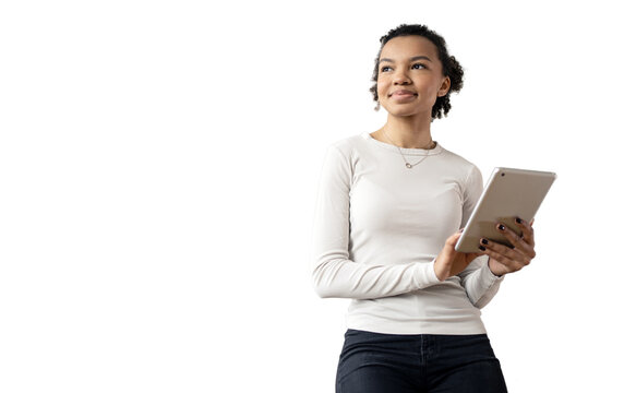 The administrator of the employee at work uses a tablet and the Internet. Smart young woman with curly hair in an office shirt.    Transparent background, png.