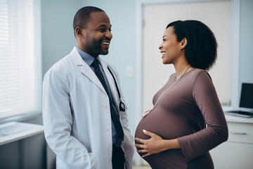 a pregnant african american woman and a doctor - obrazy, fototapety, plakaty