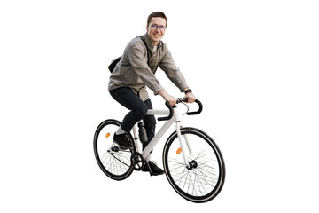 A male freelancer in a helmet is a full-length cyclist. A guy riding an ecotransport going to work. A white bicycle.  Transparent background, png.