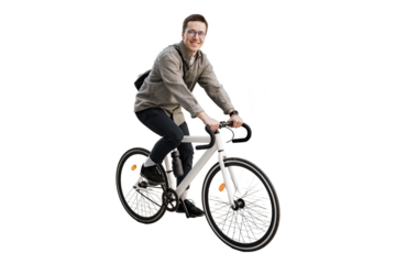 A male freelancer in a helmet is a full-length cyclist. A guy riding an ecotransport going to work. A white bicycle.  Transparent background, png.