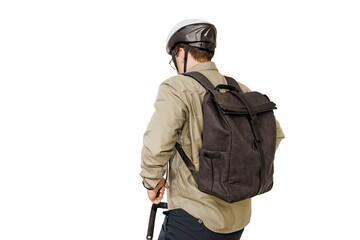 A man is seen from the back with a backpack in a helmet.  Transparent background, png.