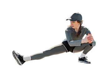 Female runner trainer warm up, healthy lifestyle sportswear. A person performing a full-length cardio workout. Transparent background, png.