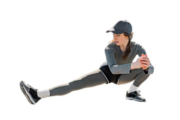 Female runner trainer warm up, healthy lifestyle sportswear. A person performing a full-length...