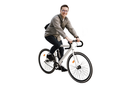 A male freelancer in a helmet is a full-length cyclist. A guy riding an ecotransport going to work. A white bicycle.  Transparent background, png. - Powered by Adobe