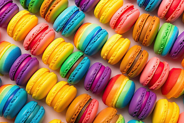 Fototapeta na wymiar Rainbow coloured delicious macaroons, pride backgorund 