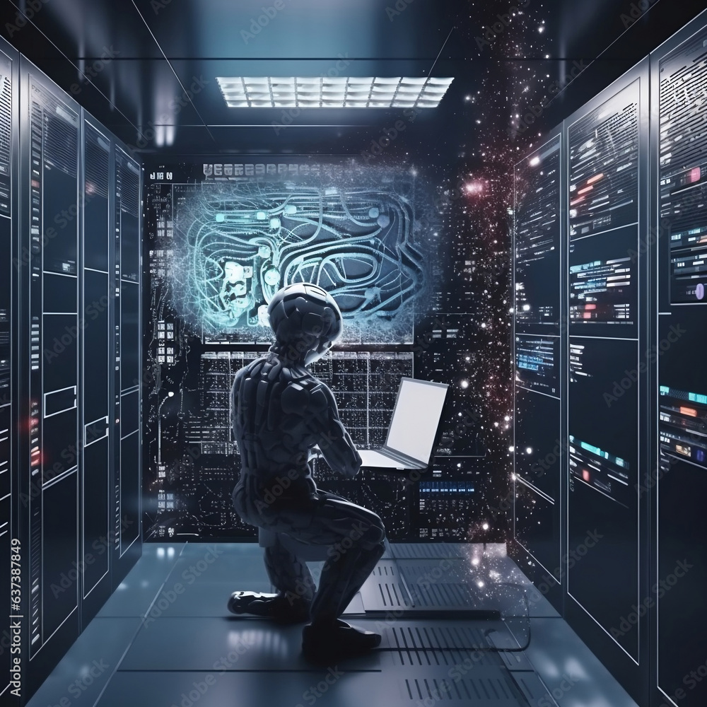 Aufkleber the robot is working in server room.