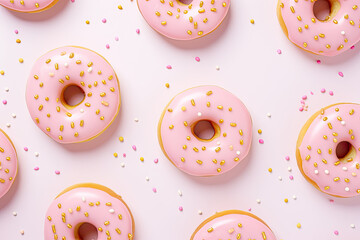 Delicious donut pattern, pastel trendy colours,  pattern Christmas themed, flat lay, top view 