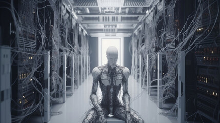 standing human droid in the server room.